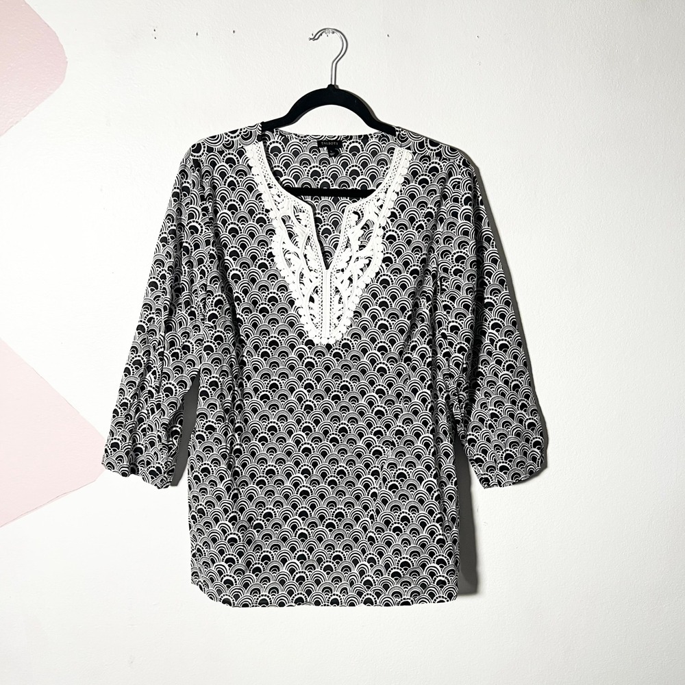 Talbots 100% Cotton Tunic Top Large Black Geometric Lace Trim Boho